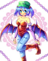 Rule 34 | 1girl, :d, alternate costume, animal print, bat print, bat wings, blue eyes, blue hair, breasts, chocolat (momoiro piano), cleavage, cosplay, hair bobbles, hair ornament, hat, kawashiro nitori, large breasts, lilith aensland, lilith aensland (cosplay), looking at viewer, matching hair/eyes, open mouth, pantyhose, patterned legwear, print pantyhose, red footwear, shoes, smile, solo, standing, standing on one leg, touhou, two side up, vampire (game), wings