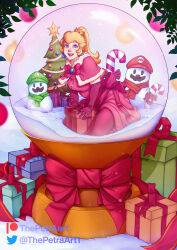 Rule 34 | 1girl, blonde hair, blue eyes, bow, box, candy, candy cane, capelet, christmas ornaments, christmas tree, crown, dress, earrings, food, gift, gift box, highres, leaf, long hair, looking at viewer, luigi, mario, mario (series), nintendo, patreon logo, patreon username, pink capelet, pink dress, plant, ponytail, princess peach, red bow, red ribbon, ribbon, snow, snow globe, snowman, solo, sphere earrings, super mario bros. 1, the petra art, twitter logo, twitter username, wide shot
