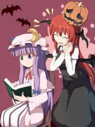 Rule 34 | 2girls, bat (animal), book, capelet, chair, closed eyes, coat, commentary request, crescent, demon girl, demon wings, dress, halloween, hat, head wings, jack-o&#039;-lantern, juliet sleeves, koakuma, long sleeves, mob cap, multiple girls, nikori, open clothes, open coat, open mouth, own hands clasped, own hands together, patchouli knowledge, puffy sleeves, pumpkin hat, purple eyes, purple hair, red hair, shirt, sitting, skirt, skirt set, smile, striped clothes, striped dress, touhou, vest, wings