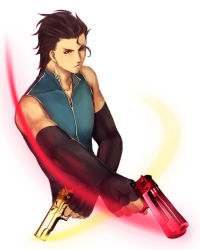Rule 34 | 1boy, ahoge, alternate costume, brown hair, command spell, diarmuid ua duibhne (lancer) (fate), dual wielding, fate/zero, fate (series), gun, handgun, highres, holding, male focus, ninesounds, simple background, solo, weapon, white background, yellow eyes
