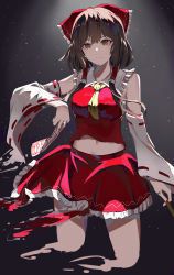 Rule 34 | 1girl, absurdres, bare shoulders, bow, brown eyes, brown hair, closed mouth, cropped legs, detached sleeves, grey background, hair bow, hakurei reimu, highres, jsscj, light particles, looking at viewer, medium hair, midriff, simple background, solo, touhou