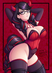 Rule 34 | 1girl, arms behind head, bayonetta, bayonetta (series), bayonetta 3, black hair, breasts, cleavage, demon costume, earrings, elbow gloves, glasses, gloves, grey eyes, halloween, halloween costume, harness, highres, horns, jewelry, large breasts, leotard, looking at viewer, mole, mole under mouth, multicolored hair, red hair, red horns, sevie, solo, streaked hair, swept bangs, thighhighs