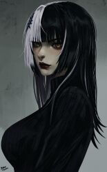 Rule 34 | 1girl, alternate costume, arm at side, artist name, black hair, black sweater, blunt bangs, breasts, closed mouth, dated, expressionless, from side, grey background, grey hair, hair ornament, highres, holoadvent, hololive, hololive english, large breasts, light blush, lips, lipstick, long hair, looking at viewer, makeup, multicolored hair, red lips, ribbed sweater, shiori novella, sideboob, solo, split-color hair, steb, sweater, turning head, turtleneck, turtleneck sweater, two-tone hair, upper body, virtual youtuber, white hair, yellow eyes