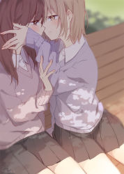 Rule 34 | 2girls, bench, blue sweater, blush, brown eyes, brown hair, collared shirt, commentary, covering another&#039;s mouth, dappled sunlight, day, eye contact, facing another, fingernails, hand on another&#039;s arm, hand on another&#039;s face, hazuki natsu, highres, imminent kiss, light brown hair, long hair, looking at another, multiple girls, original, outdoors, parted lips, pleated skirt, purple sweater, school uniform, shirt, short hair, signature, sitting, skirt, sunlight, sweater, twitter username, white shirt, yuri