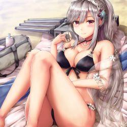 Rule 34 | 1girl, alternate costume, ass, azur lane, bag, beach, beach mat, bikini, blue gemstone, blush, braid, breasts, buran (22x), butterfly hair ornament, cannon, choker, cleavage, collarbone, crown braid, day, doughnut, dunkerque (azur lane), dunkerque (summer sucre) (azur lane), feet out of frame, flower, food, gem, grey hair, hair ornament, hairband, halterneck, highres, holding, holding food, knees up, large breasts, long hair, looking at viewer, navel, outdoors, pink eyes, ponytail, purple bikini, rigging, sand, see-through, shawl, sidelocks, sitting, solo, swimsuit, thighs, towel, turret