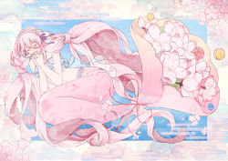 Rule 34 | 1girl, absurdres, bikini, bikini top only, blue background, blue bikini, border, braid, cherry blossoms, closed eyes, cocoroppy, commentary request, crown braid, egasumi, facing viewer, flower, frilled bikini, frills, full body, hair between eyes, hair ribbon, hand to own mouth, hands up, highres, interlocked fingers, long hair, mermaid, midriff, monster girl, original, outside border, own hands clasped, own hands together, pink hair, purple ribbon, red ribbon, ribbon, solo, swimsuit, the little mermaid, twintails, very long hair, white border