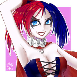 Rule 34 | 1girl, absurdres, bare shoulders, batman (series), blue eyes, breasts, cleavage, colored skin, dc comics, harley quinn, highres, lipstick, makeup, multicolored hair, twintails, white skin