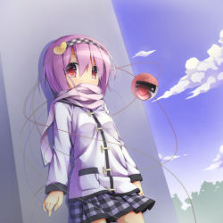 Rule 34 | 1girl, alternate costume, blue sky, checkered clothes, checkered skirt, cloud, day, hairband, hassai, heart, highres, komeiji satori, long sleeves, looking at viewer, pink eyes, pink hair, scarf, scarf over mouth, shirt, skirt, sky, solo, third eye, touhou