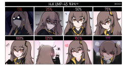 Rule 34 | ..., 6+girls, ?, absurdres, artist name, black gloves, blush, brown hair, collared shirt, commentary, eyebrows, fingerless gloves, girls&#039; frontline, gloves, grey background, heart, heart-shaped pupils, highres, jacket, long hair, looking at viewer, multiple girls, null-3, pink background, scar, scar across eye, scar on face, shaded face, shirt, side ponytail, smile, solo focus, symbol-shaped pupils, ump45 (girls&#039; frontline)