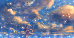 Rule 34 | 1girl, blue sky, brown hair, closed mouth, cloud, cloudy sky, commentary request, closed eyes, fantasy, feet out of frame, light particles, long hair, original, outdoors, sakimori (hououbds), scenery, shirt, short sleeves, skirt, sky, socks, solo, very long hair, white shirt