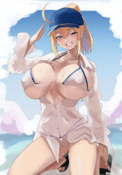 1girl absurdres ahoge ahoge_wag arm_up artoria_pendragon_(fate) baseball_cap bikini blonde_hair blue_eyes blue_hat blue_sky blush breasts cleavage cloud cropped expressive_hair fate/grand_order fate_(series) hair_through_headwear hat highres huge_breasts kasumi_saika long_sleeves mysterious_heroine_x_(fate) mysterious_heroine_xx_(fate) outdoors ponytail seiza shirt sitting sky smile solo swimsuit white_bikini white_shirt