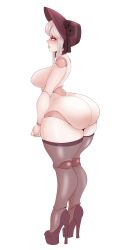 Rule 34 | 1girl, ass, bloodborne, blush, bonnet, breasts, doll joints, eyebrows, from software, hat, high heels, highres, huge ass, joints, large breasts, long hair, narrow waist, nude, plain doll, simple background, solo, sunnysundown, thick thighs, thighhighs, thighs, white background, white hair, wide hips