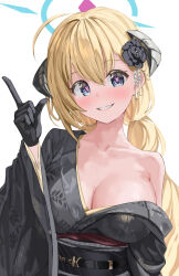 Rule 34 | 1girl, absurdres, ahoge, akari (blue archive), akari (new year) (blue archive), black flower, black gloves, black horns, black kimono, black rose, black sash, blonde hair, blue archive, blue eyes, blue halo, blush, breasts, cleavage, collarbone, commentary request, cross-shaped pupils, demon girl, demon horns, flower, forward facing horns, gisi (gicgic draw), gloves, hair flower, hair ornament, halo, hand up, highres, horns, index finger raised, japanese clothes, kimono, large breasts, looking at viewer, obi, official alternate costume, pink pupils, rose, sash, single bare shoulder, single off shoulder, smile, solo, symbol-shaped pupils, upper body