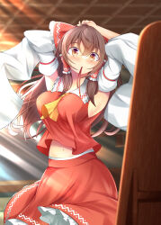 Rule 34 | 1girl, absurdres, arms up, ascot, blurry, blurry background, bow, breasts, brown eyes, brown hair, commentary request, detached sleeves, hair bow, hair tie in mouth, hair tubes, hakurei reimu, highres, large breasts, light rays, long hair, looking at viewer, mirror, mouth hold, navel, red bow, red shirt, red skirt, shirt, shiso gohan, sidelocks, skirt, solo, touhou, wide sleeves, yellow ascot