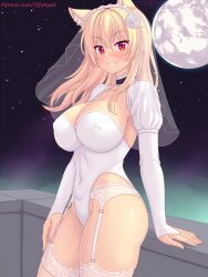 Rule 34 | 1girl, animal ears, blonde hair, blush, breasts, bridal gauntlets, bridal veil, cat ears, cat girl, commentary, covered navel, english commentary, full moon, garter belt, garter straps, highleg, highleg leotard, highres, large breasts, leotard, long hair, looking at viewer, moon, night, nottytiffy, original, parted lips, patreon username, red eyes, see-through, slit pupils, smile, solo, teeth, thighhighs, thighs, tiffy (nottytiffy), veil, white garter belt, white garter straps, white leotard, white thighhighs