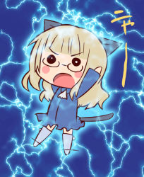 Rule 34 | 1girl, animal ears, arm up, blonde hair, blue background, blue dress, blush, chibi, dress, electricity, glasses, long sleeves, perrine h. clostermann, rimless eyewear, simple background, solo, strike witches, tail, thighhighs, world witches series, zettai ryouiki