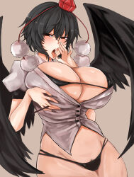 Rule 34 | 1girl, absurdres, bikini, bird wings, black bikini, black hair, black wings, blush, breasts, brown background, cleavage, commentary request, cowboy shot, fellatio gesture, female pubic hair, groin, hat, highres, huge breasts, looking at viewer, micro bikini, pom pom (clothes), pubic hair, red eyes, red hat, shameimaru aya, shirt, short hair, short sleeves, simple background, solo, swimsuit, tokin hat, tongue, tongue out, touhou, variant set, washiwa, white shirt, wings