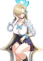 Rule 34 | :d, absurdres, asuna (blue archive), black choker, black skirt, black socks, blonde hair, blue archive, blue eyes, blue ribbon, blush, breasts, button gap, choker, cleavage, collared shirt, dress shirt, eudetenis, hair over one eye, hair ribbon, halo, highres, holding another&#039;s wrist, kneehighs, large breasts, long hair, long sleeves, looking at viewer, miniskirt, open mouth, parted lips, pleated skirt, ribbon, school uniform, shirt, sitting, skirt, smile, socks, very long hair, white shirt