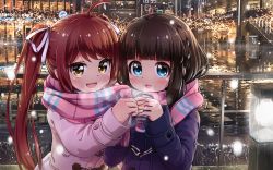 Rule 34 | 2girls, absurdres, ahoge, asahina kokomi, battle girl high school, black hair, blush, can, coat, commentary request, hair ornament, hasumi urara, heavy breathing, highres, hime cut, lights, long hair, looking at viewer, multiple girls, open mouth, red hair, reflection, scarf, short hair, snowing, tamanegi (12030028), twintails, winter clothes, winter coat, yellow eyes