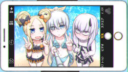 Rule 34 | 3girls, :d, abigail williams (fate), anastasia (fate), bare arms, bare shoulders, beach, bikini, black bikini, black bow, blonde hair, blue bikini, blue eyes, blush, bow, breasts, cellphone photo, chromatic aberration, closed mouth, collarbone, commentary request, day, double bun, double v, emerald float, eyes visible through hair, fang, fate/grand order, fate (series), fingernails, forehead, frilled bikini, frills, hair between eyes, hair bow, hair bun, hair over one eye, hair ribbon, hands up, high ponytail, highres, holding, horns, lavinia whateley (emerald float) (fate), lavinia whateley (fate), multiple girls, navel, neon-tetora, nose blush, official alternate costume, open mouth, orange bow, outdoors, pale skin, parted bangs, polka dot, polka dot bow, ponytail, purple eyes, ribbon, sand, selfie stick, side bun, silver hair, single horn, single side bun, small breasts, smile, standing, sweat, swimsuit, translation request, v, water, yellow ribbon
