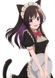 Rule 34 | 1girl, animal ears, apron, black hair, bow, bowtie, cat ears, cat tail, coconat summer, commentary request, cowboy shot, dress, frilled apron, frilled dress, frills, highres, holding, holding tray, looking at viewer, maid, maid apron, maid headdress, original, puffy short sleeves, puffy sleeves, purple eyes, purple hair, red bow, red bowtie, short sleeves, simple background, smile, solo, tail, tray, waist apron, white background