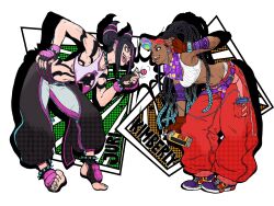 Rule 34 | 2girls, baggy pants, bent over, black hair, bracelet, candy, chaps, character name, collar, colored tips, crop top, dark-skinned female, dark skin, dreadlocks, earphones, eye contact, fingerless gloves, food, gloves, hair horns, han juri, hand on own hip, highres, jewelry, kimberly jackson, leaning forward, lollipop, looking at another, multicolored hair, multiple girls, nom1207, official alternate costume, official alternate hairstyle, open mouth, pants, purple scarf, scarf, shoes, smile, sneakers, spiked anklet, spiked bracelet, spiked collar, spikes, streaked hair, street fighter, street fighter 6, toeless footwear, tongue, tongue out, visor cap