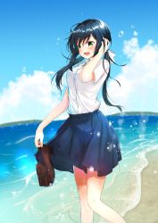 Rule 34 | 1girl, :d, absurdres, beach, black hair, blue skirt, blush, brown footwear, day, feet out of frame, unworn footwear, green eyes, hair ribbon, highres, holding, holding shoes, loafers, long hair, low twintails, namikawa kuroha, open mouth, original, pleated skirt, ribbon, school uniform, shirt, shoes, unworn shoes, short sleeves, skirt, smile, solo, takamine miyu (namikawa kuroha), twintails, white ribbon, white shirt