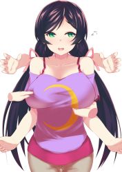 Rule 34 | 10s, 1girl, bare shoulders, breast hold, breast poke, breasts, crescent, disembodied hand, green eyes, highres, large breasts, long hair, looking away, love live!, love live! school idol festival, love live! school idol project, grabber tool, off shoulder, open mouth, poking, ponkotsu (ayarosu), purple hair, shirt, solo, t-shirt, tojo nozomi, transparent background, twintails
