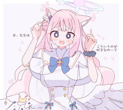 Rule 34 | 1girl, angel wings, animal ear fluff, animal ears, black scrunchie, blue archive, blush, breasts, bright pupils, capelet, cat ears, dress, feathered wings, flower, hair bun, hair flower, hair ornament, halo, highres, large breasts, long hair, looking at viewer, mika (blue archive), open mouth, pink hair, pink halo, purple flower, rco as, scrunchie, simple background, single side bun, solo, upper body, white background, white capelet, white dress, white pupils, white wings, wings, wrist scrunchie