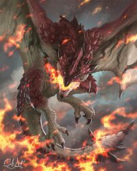 Rule 34 | breath weapon, breathing fire, chin spike, cloud, cloudy sky, colored sclera, dragon, fire, flying, highres, horns, looking at viewer, monster, monster focus, monster hunter (series), open mouth, pointy ears, rathalos, red scales, satoyuki, sharp teeth, signature, sky, slit pupils, solo, spiked tail, spread wings, tail, talons, teeth, wings, wyvern, yellow eyes