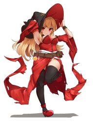Rule 34 | 1girl, black hat, black thighhighs, blonde hair, breasts, character request, commentary request, commission, dress, dungeon and fighter, hat, highres, large breasts, lavie, long hair, looking at viewer, no panties, potion, red dress, red eyes, red footwear, red hat, shoes, simple background, smile, solo, thighhighs, two-tone headwear, white background, witch hat