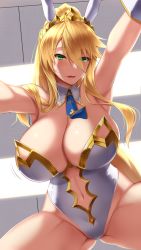 Rule 34 | 1girl, ahoge, akitsuki karasu, all fours, animal ears, armpits, artoria pendragon (all), artoria pendragon (fate), artoria pendragon (swimsuit ruler) (fate), bare shoulders, blonde hair, blue neckwear, blush, braid, breasts, cleavage, clothing cutout, detached collar, fake animal ears, fate/grand order, fate (series), fishnets, french braid, from below, girl on top, green eyes, hair between eyes, highres, large breasts, leotard, long hair, looking at viewer, navel, navel cutout, necktie, open mouth, perspective, playboy bunny, ponytail, rabbit ears, sidelocks, smile, tiara, white leotard, wrist cuffs