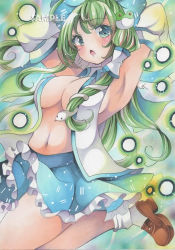 Rule 34 | 1girl, :o, armpits, arms up, blue background, blue skirt, blush, breasts, cleavage, commentary request, danmaku, detached sleeves, frog hair ornament, green eyes, green hair, hair ornament, hair tubes, highres, kochiya sanae, large breasts, long hair, looking at viewer, maccha xxxxxx, marker (medium), open clothes, open mouth, open shirt, sample watermark, sidelocks, simple background, skirt, snake hair ornament, solo, touhou, traditional media, very long hair, watermark