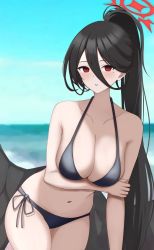 Rule 34 | 1girl, arm under breasts, armpit crease, bare arms, bare shoulders, bikini, black bikini, black hair, black wings, blue archive, blue sky, blush, breasts, cleavage, collarbone, commentary, cowboy shot, day, hair between eyes, halo, halterneck, hand on own arm, hasumi (blue archive), high ponytail, highres, horizon, large breasts, leaning forward, long bangs, long hair, looking at viewer, low wings, mole, mole under eye, navel, ocean, outdoors, parted lips, ponytail, red eyes, side-tie bikini bottom, sky, solo, standing, stomach, surippa1010, swimsuit, very long hair, wings