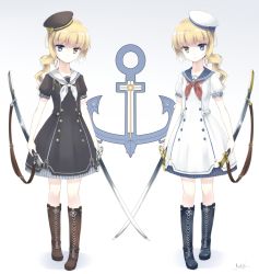Rule 34 | 10s, 2016, 2girls, anchor symbol, blonde hair, blue eyes, boots, bow, buttons, crossed swords, dated, dress, full body, hat, hat bow, heterochromia, highres, holding, holding sword, holding weapon, knee boots, looking at viewer, lost tree, makadamixa, multiple girls, neckerchief, original, ponytail, sailor dress, sailor hat, sheath, short sleeves, siblings, signature, simple background, sisters, standing, sword, symmetrical pose, twins, unsheathed, weapon, yellow eyes