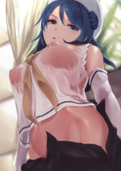 Rule 34 | 10s, 1girl, blue eyes, blue hair, blush, breasts, covered erect nipples, detached sleeves, hat, highres, kantai collection, large breasts, looking at viewer, matching hair/eyes, open mouth, sailor collar, see-through, skirt, solo, standing, undressing, urakaze (kancolle), wa (genryusui), wet, wet clothes, white hat