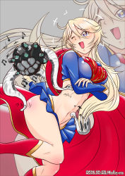 Rule 34 | 1girl, 2016, abyssal ship, artist name, beamed quavers, blonde hair, blue eyes, boots, breasts, cape, cosplay, dated, dc comics, enemy naval mine (kancolle), iowa (kancolle), kantai collection, knee boots, large breasts, long hair, midriff, moke ro, musical note, navel, one eye closed, open mouth, red cape, red footwear, red skirt, skirt, star-shaped pupils, star (symbol), supergirl, supergirl (cosplay), symbol-shaped pupils, tickling, tickling ass, tickling sides, tickling stomach, zoom layer