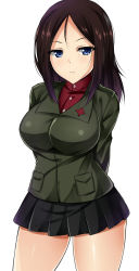Rule 34 | 10s, 1girl, arms behind back, blue eyes, breasts, brown hair, cowboy shot, frown, girls und panzer, jacket, kuragari, large breasts, long hair, looking at viewer, nonna (girls und panzer), pleated skirt, school uniform, simple background, skirt, solo, standing, thighs, white background