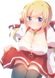 Rule 34 | 1girl, absurdres, arm at side, belt, black thighhighs, blonde hair, blue eyes, blush, breasts, brown belt, buttons, choker, cleavage, clothes lift, collarbone, cowboy shot, dress, dress lift, expressionless, hair ornament, hairclip, hand up, highres, jewelry, large breasts, lifting own clothes, long hair, long sleeves, looking at viewer, nyaa (nnekoron), parted lips, pendant, puffy sleeves, red choker, ribbed dress, simple background, solo, swept bangs, thighhighs, twintails, two-tone dress, white background, x hair ornament, yuna yunis, yuusha ga shinda!, zettai ryouiki