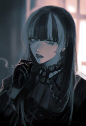 Rule 34 | 1girl, ascot, blurry, blurry background, choker, cigarette, commentary, dress, earrings, gloves, gothic lolita, greyscale, hand up, highres, holding, holding cigarette, hololive, hololive dev is, indoors, jewelry, juufuutei raden, lace-trimmed choker, lace trim, lolita fashion, long hair, long sleeves, looking at viewer, monochrome, multicolored hair, open clothes, open mouth, portrait, smoke, solo, streaked hair, stud earrings, teeth, tomatoketchup96, virtual youtuber, window