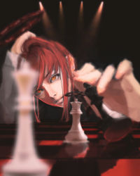 Rule 34 | 1girl, absurdres, blood, blood halo, board game, braid, chainsaw man, chess, chess piece, chessboard, closed mouth, formal, halo, hand on own head, highres, hqls, liquid halo, long sleeves, makima (chainsaw man), playing games, red hair, red halo, ringed eyes, shirt, sidelocks, solo, suit, white shirt, yellow eyes