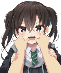 Rule 34 | 1boy, 1girl, absurdres, arm grab, black jacket, blush, brown eyes, brown hair, collared shirt, commentary, diagonal-striped clothes, diagonal-striped necktie, diagonal-striped neckwear, english commentary, finger in another&#039;s mouth, green neckwear, hair between eyes, highres, idolmaster, idolmaster cinderella girls, ikazu401, jacket, long hair, looking at viewer, mole, mole under eye, necktie, out of frame, sharp teeth, shirt, simple background, solo focus, striped clothes, striped neckwear, sunazuka akira, teeth, twintails, upper body, v-shaped eyebrows, white background, white shirt