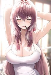 Rule 34 | 1girl, armpits, arms behind head, arms up, backlighting, blush, breasts, camisole, cigarette, cleavage, closed eyes, collarbone, facing viewer, fate/grand order, fate (series), highres, indoors, large breasts, long hair, mouth hold, open mouth, purple hair, scathach (fate), smoke, smoking, solo, straight hair, suou-sensei, upper body, very long hair, window
