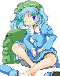 Rule 34 | 1girl, backpack, bag, bare legs, barefoot, blue eyes, blue hair, boots, feet, female focus, hair bobbles, hair ornament, hat, indian style, kanoe soushi, kawashiro nitori, key, matching hair/eyes, no shoes, one eye closed, shoes, unworn shoes, sitting, skirt, solo, touhou, twintails, two side up, wink