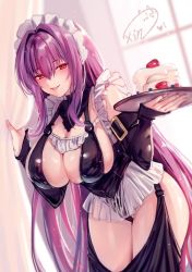 Rule 34 | 1girl, alternate costume, bare shoulders, blueberry, blush, breasts, cleavage, closed mouth, curtains, detached sleeves, enmaided, fate/grand order, fate (series), food, frills, fruit, full body, garter straps, hair intakes, highleg, indoors, large breasts, long hair, looking at viewer, maid, maid headdress, obiwan, pancake, pancake stack, purple hair, red eyes, scathach (fate), skirt, smile, strawberry, tray, whipped cream, white skirt, window