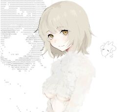 Rule 34 | 1girl, ascii art, blonde hair, breasts, closed mouth, dungeon meshi, falin touden, falin touden (chimera), feathers, looking at viewer, nithzenithh, short hair, smile, upper body, white background, yellow eyes