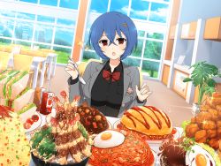 Rule 34 | amane (senran kagura), apple juice, blue hair, breasts, cafeteria, chicken (food), cityscape, day, egg, food, fried chicken, fried rice, grass, hair ornament, hairpin, juice, large breasts, official art, omelet, omurice, pasta, plant, red eyes, sandwich, school uniform, senran kagura, senran kagura new link, sunlight, surprised, tempura, tree