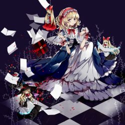 Rule 34 | 1girl, alice margatroid, apron, bags under eyes, black dress, blonde hair, blue dress, blue eyes, bow, capelet, checkered floor, dress, embellished costume, flying paper, frills, from side, full body, grimoire of alice, hairband, highres, hourai doll, lolita hairband, looking at viewer, looking to the side, paper, petals, red bow, shanghai doll, solo, tanzhujiuyue, touhou, waist apron, wrist cuffs