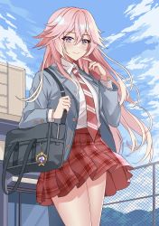 Rule 34 | 1girl, absurdres, bag, blue sky, blush, chain-link fence, closed mouth, cowboy shot, fence, feng shao kky (arj0522), genshin impact, highres, jacket, long hair, long sleeves, necktie, open clothes, open jacket, pink hair, plaid, plaid skirt, purple eyes, red necktie, red skirt, school uniform, skirt, sky, smile, striped necktie, vision (genshin impact), yae miko