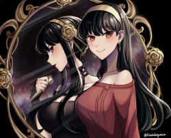 Rule 34 | 1girl, bare shoulders, black dress, black gloves, black hair, blush, breasts, cleavage, closed mouth, collarbone, dagger, different reflection, dress, earrings, fingerless gloves, gloves, gold earrings, gold hairband, hairband, highres, holding, holding weapon, jewelry, kaedeyara, knife, large breasts, long hair, mirror, off-shoulder dress, off shoulder, red eyes, reflection, sidelocks, sideways glance, smile, solo, spy x family, stiletto (weapon), sweater, sweater dress, twitter username, weapon, white hairband, yor briar